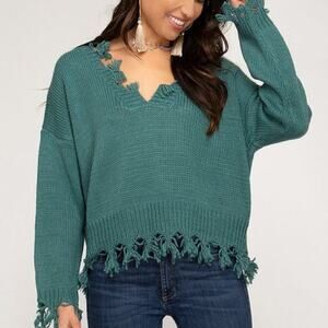 Distressed Green Pullover Loose Boxy V-Neck Knit Long Sleeve Women's Sweater M/L
